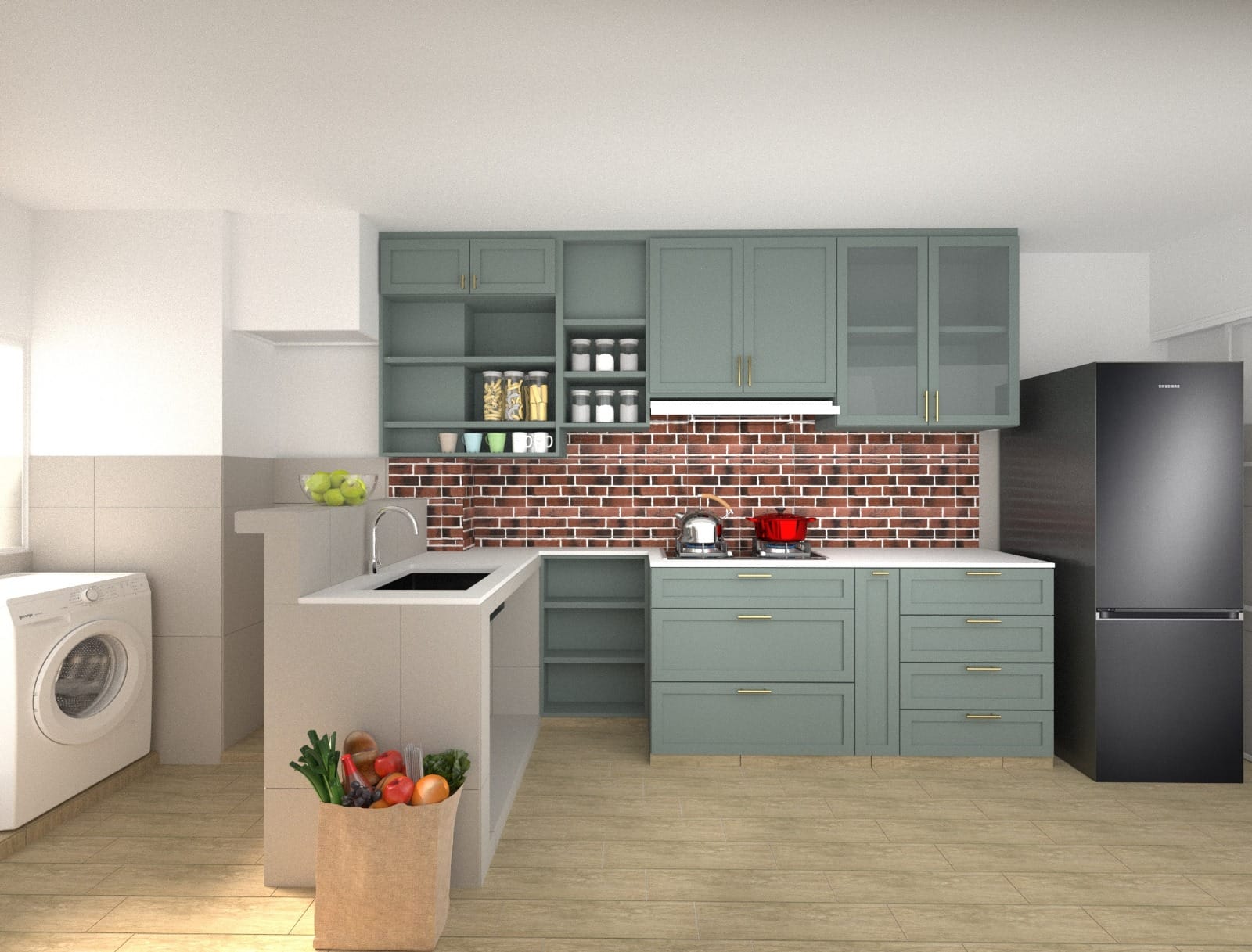 3D interior visualization drawing showing realistic kitchen layout, quartz island and lighting